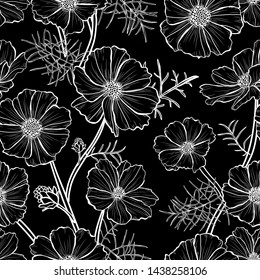 Elegant seamless pattern with cosmos flowers, design elements. 