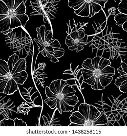 Elegant seamless pattern with cosmos flowers, design elements. 