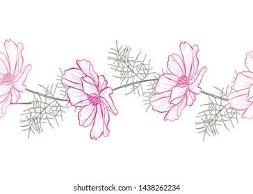 Elegant seamless pattern with cosmos flowers, design elements.  