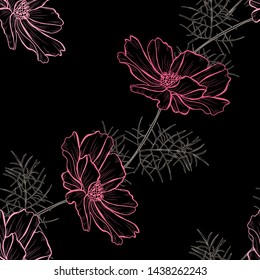 Elegant seamless pattern with cosmos flowers, design elements. 