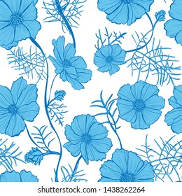 Elegant seamless pattern with cosmos flowers, design elements. 