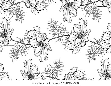 Elegant seamless pattern with cosmos flowers, design elements.  