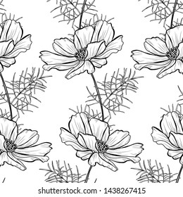 Elegant seamless pattern with cosmos flowers, design elements 