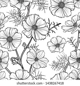Elegant seamless pattern with cosmos flowers, design elements. 