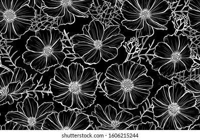 Elegant seamless pattern with cosmos flowers, design elements. Floral  pattern for invitations, cards, print, gift wrap, manufacturing, textile, fabric, wallpapers