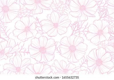 Elegantes, nahtloses Muster mit Kosmos-Blumen, Design-Elementen. Blumenmuster für Einladungen, Karten, Druck, Geschenkverpackungen, Herstellung, Textilien, Gewebe, Wallpaper