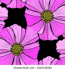 Diseño elegante y sin fisuras con flores de cosmos y elementos de diseño. Patrón floral para invitaciones, tarjetas, impresiones, envolturas de regalo, manufactura, textiles, tejidos, papeles pintados