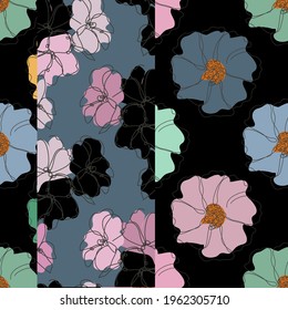 Elegant seamless pattern with cosmos and geranium flowers, design elements. Floral  pattern for invitations, cards, print, gift wrap, manufacturing, textile, fabric, wallpapers