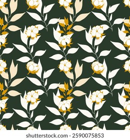 Elegant seamless pattern with cotton flowers and leaves on a green background. Perfect for textile design, wallpapers, packaging, and stationery.
