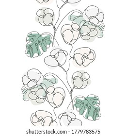 Elegant seamless pattern with cotton and monstera, design elements. Floral  pattern for invitations, cards, print, gift wrap, manufacturing, textile, fabric, wallpapers. Continuous line art style