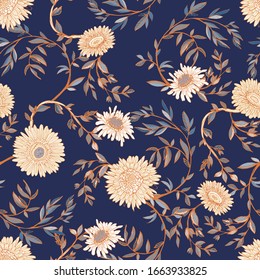 Elegant seamless pattern of cream flowers of chrysanthemums and gerberas, twigs and leaves on a indigo blue background. Vector illustration with floral ornaments.