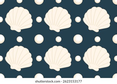 Elegante padrão sem emenda com conchas e pérolas creme em um fundo escuro da marinha. Perfeito para designs com temas de praia, têxteis e embalagem.

