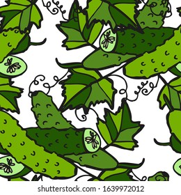Elegant seamless pattern with cucumbers, design elements. Vegetable pattern for invitations, cards, print, gift wrap, manufacturing, textile, fabric, wallpapers. Food, kitchen, vegetarian theme
