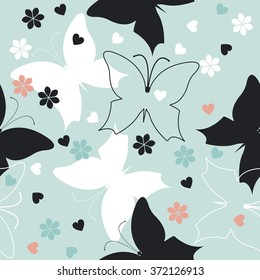 Elegant seamless pattern with cute butterflies, flowers and hearts can be used for wrapping, packaging, tile, linen and wallpaper and textile design.