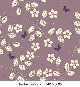 Elegant seamless pattern with cute flowers, leaves and butterflies can be used for designs fabric, backgrounds, wrapping papers, package, covers, linen and more designs.