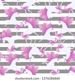 
Elegant seamless pattern with cute unicorns with purple mane in shape of autumn leaves on striped background. Print for fabric.