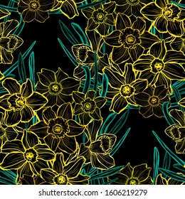 Elegant seamless pattern with daffodil flowers, design elements. Floral  pattern for invitations, cards, print, gift wrap, manufacturing, textile, fabric, wallpapers