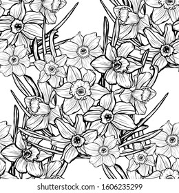 Elegant seamless pattern with daffodil flowers, design elements. Floral  pattern for invitations, cards, print, gift wrap, manufacturing, textile, fabric, wallpapers