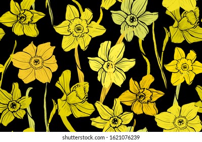Elegant seamless pattern with daffodil flowers, design elements. Floral  pattern for invitations, cards, print, gift wrap, manufacturing, textile, fabric, wallpapers