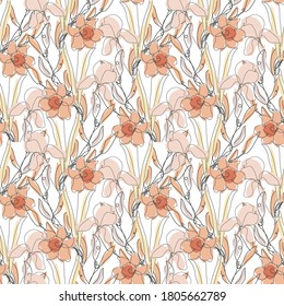 Diseño elegante y sin fisuras con elementos de diseño daffodil e iris. Patrón floral para invitaciones, tarjetas, impresiones, envoltura de regalo, manufactura, textiles, tela, papel pintado. Estilo de arte de línea continuo