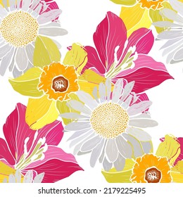 Elegant seamless pattern with daffodil, lily, chamomile flowers, design elements. Floral  pattern for invitations, cards, print, gift wrap, manufacturing, textile, fabric, wallpapers