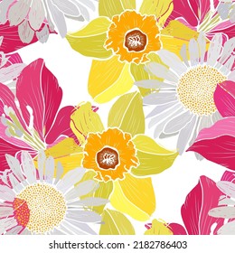 Elegant seamless pattern with daffodil, lily, chamomile flowers, design elements. Floral  pattern for invitations, cards, print, gift wrap, manufacturing, textile, fabric, wallpapers