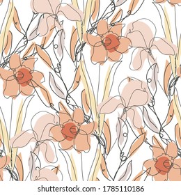 Elegantes, nahtloses Muster mit Narzissen und Iris-Blumen, Design-Elementen. Blumenmuster für Einladungen, Karten, Druck, Geschenkverpackung, Herstellung, Textilien, Gewebe, Wallpaper. Kontinuierliche Leitung