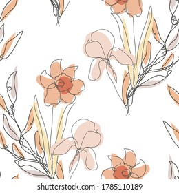 Elegant seamless pattern with daffodils and iris flowers, design elements. Floral  pattern for invitations, cards, print, gift wrap, manufacturing, textile, fabric, wallpapers. Continuous line