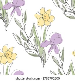 Elegant seamless pattern with daffodils, iris flowers, design elements. Floral  pattern for invitations, cards, print, gift wrap, manufacturing, textile, fabric, wallpapers. Continuous line art style