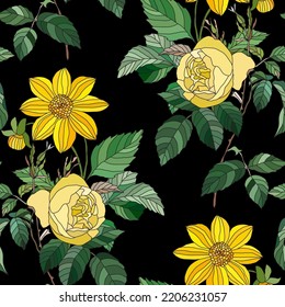 Elegante y sin fisuras con dalia y flores de rosa, elementos de diseño. Patrón floral para invitaciones, tarjetas, impresiones, envolturas de regalo, manufactura, textiles, tejidos, papel pintado