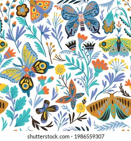 Elegant seamless pattern with decorative abstract flowers, butterflies and moths in doodle style. Vector illustration.