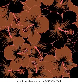 Elegant seamless pattern with decorative black and brown hibiscus flowers. Vector floral pattern for wedding invitations, greeting cards, scrapbooking, print, gift wrap, manufacturing fabric, textile.