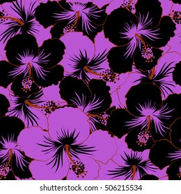 Elegant seamless pattern with decorative black and violet hibiscus flowers. Vector floral pattern for wedding invitations, greeting cards, scrapbooking, print, gift wrap, manufacturing fabric, textile