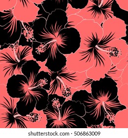 Elegant seamless pattern with decorative black and pink hibiscus flowers. Vector floral pattern for wedding invitations, greeting cards, scrapbooking, print, gift wrap, manufacturing fabric, textile.