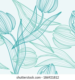 elegant seamless pattern with decorative blue tulips, design element