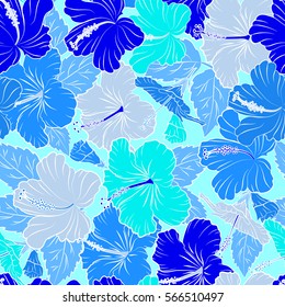 Elegant seamless pattern with decorative blue hibiscus flowers. Vector floral pattern for wedding invitations, greeting cards, scrapbooking, print, gift wrap, manufacturing fabric, textile.