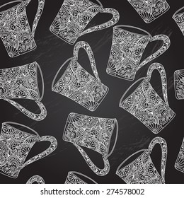 Elegant seamless pattern with decorative coffee (tea) cups, design element. Chalkboard background