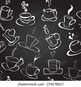 Elegant seamless pattern with decorative coffee (tea) cups, design element. Chalkboard background