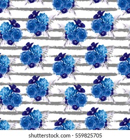 Elegant seamless pattern with decorative flowers in watercolor style, design elements. Floral pattern for wedding invitations, greeting cards, scrapbooking, print, gift wrap, manufacturing. Editable.
