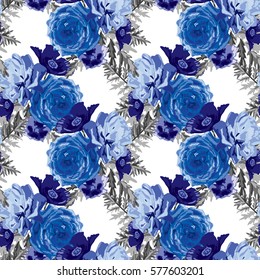 Elegant seamless pattern with decorative flowers in watercolor style, design elements. Floral pattern for wedding invitations, greeting cards, scrapbooking, print, gift wrap, manufacturing. Editable.