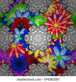 Elegant seamless pattern with decorative flowers in colors. Vector floral pattern for wedding invitations, greeting cards, scrapbooking, print, gift wrap, manufacturing fabric and textile.