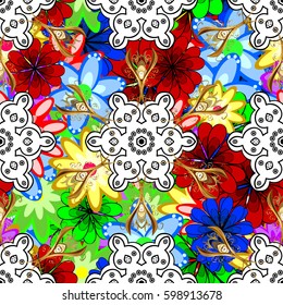 Elegant seamless pattern with decorative flowers in colors. Vector floral pattern for wedding invitations, greeting cards, scrapbooking, print, gift wrap, manufacturing fabric and textile.