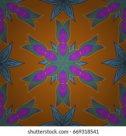 Elegant seamless pattern with decorative flowers in orange and lilac. Vector floral pattern for wedding invitations, greeting cards, scrapbooking, print, gift wrap, manufacturing fabric, textile.