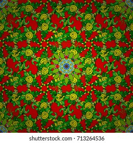 Elegant seamless pattern with decorative flowers in green, red and yellow colors. Vector floral pattern for wedding invitations, greeting cards, scrapbooking, print, gift wrap, fabric and textile.