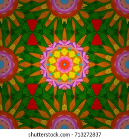 Elegant seamless pattern with decorative flowers in green, orange and pink colors. Vector floral pattern for wedding invitations, greeting cards, print, gift wrap, manufacturing fabric and textile.