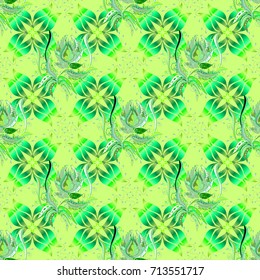 Elegant seamless pattern with decorative flowers in green, neutral and blue colors. Vector floral pattern for wedding invitations, greeting cards, print, gift wrap, manufacturing fabric and textile.