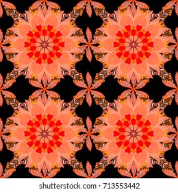 Elegant seamless pattern with decorative flowers in orange, black, red colors. Vector floral pattern for wedding invitations, greeting cards, scrapbooking, print, wrap, manufacturing fabric, textile.