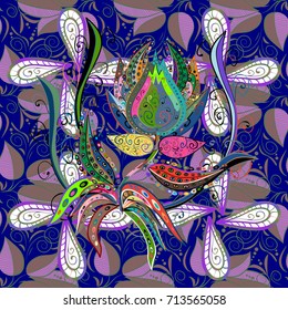 Elegant seamless pattern with decorative flowers in blue, green and violet colors. Vector floral pattern for wedding invitations, greeting cards, print, gift wrap, manufacturing fabric and textile.