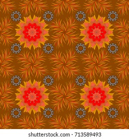 Elegant seamless pattern with decorative flowers in brown, yellow and orange colors. Vector floral pattern for wedding invitations, greeting cards, print, gift wrap, manufacturing fabric and textile.