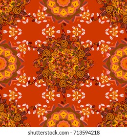 Elegant seamless pattern with decorative flowers in orange, brown and yellow colors. Vector floral pattern for wedding invitations, greeting cards, print, gift wrap, manufacturing fabric and textile.